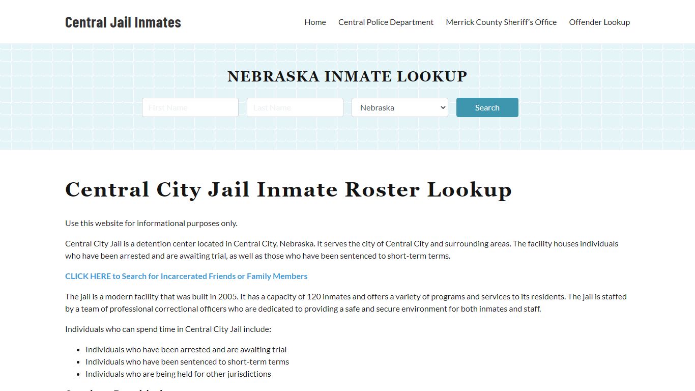 Central Jail Inmate Roster, Merrick County, NE, Offender Search